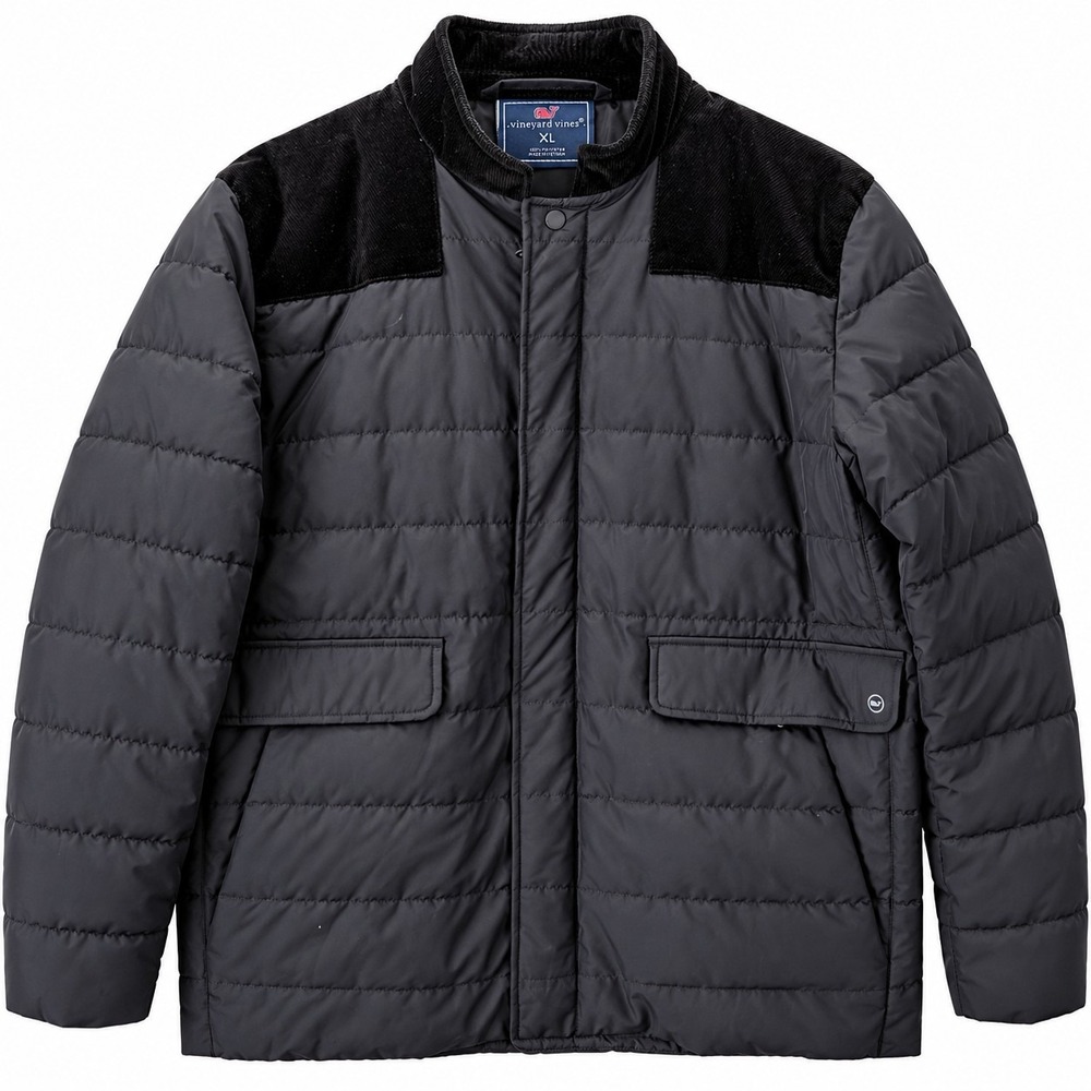 Vineyard Vines Mens XL Black Quilted Puffer Jacket Corduroy Collar Full Zip Coat